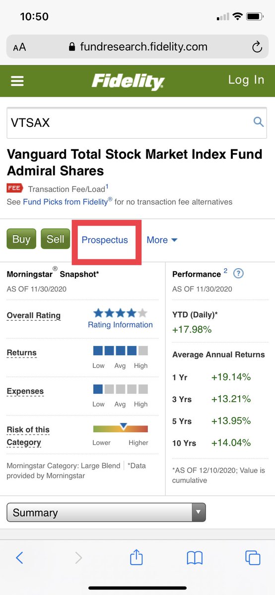 Now we are at the  $VTSAX ticker from within Fidelity’s site and we want to click on the prospectus button (image below) and look at the Summary Prospectus.