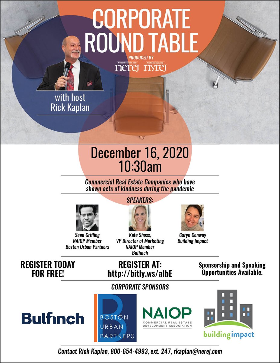 Join the NEREJ Corporate Round Table on December 16th and hear some positive discussion that has happened in 2020. <a href="/BuildingImpact/">Building Impact</a> <a href="/BulfinchCos/">Bulfinch</a> <a href="/NickersonPR/">Nickerson</a> #CRE #hospitality #RealEstate #Boston  Register today: us02web.zoom.us/webinar/regist…
