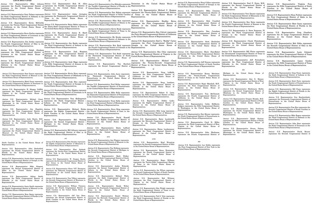 NEW: Another 20 House Republicans sign onto an amicus brief supporting the Texas lawsuit that seeks to overturn the election – including  @GOPLeader.The total is 126; 64% of the House GOP caucusThe full list   https://www.supremecourt.gov/DocketPDF/22/22O155/163550/20201211132250339_Texas%20v.%20Pennsylvania%20Amicus%20Brief%20of%20126%20Representatives%20--%20corrected.pdf