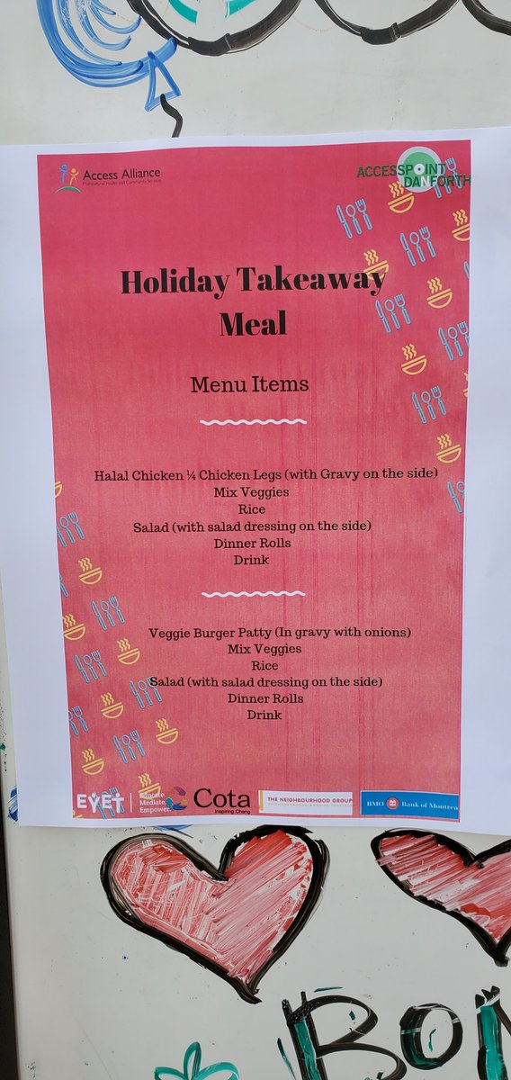 AccessAlliance's tweet photo. Holiday takeout meals are happening now at #AccessPointonDanforth. 300+ pre-registered community members are picking up delicious hot meals including: Halal Chicken/Veggie burger, salad, dinner roles, dessert &amp; drinks on this lovely sunny day. Happy Holidays &amp; Stay Safe everyone! https://t.co/0TneD48nqL