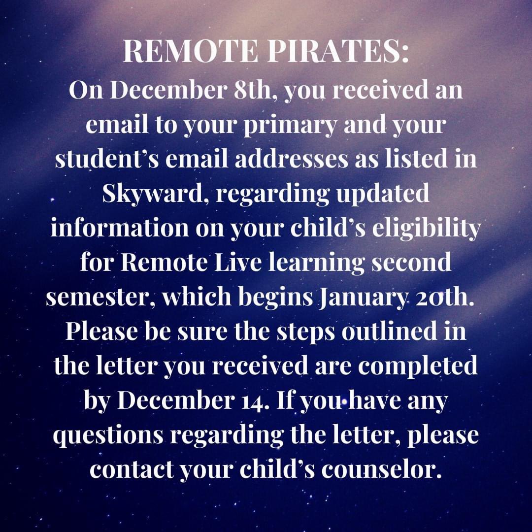 Attn Remote Pirate Families: