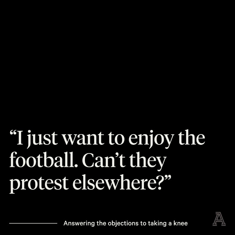 TheAthleticFC's tweet photo. When players take a knee at a football match, the same objections and complaints about #BlackLivesMatter are often heard.

Today @RJConway92 &amp; @MarvinSordell address them one by one.

This piece is free to read.