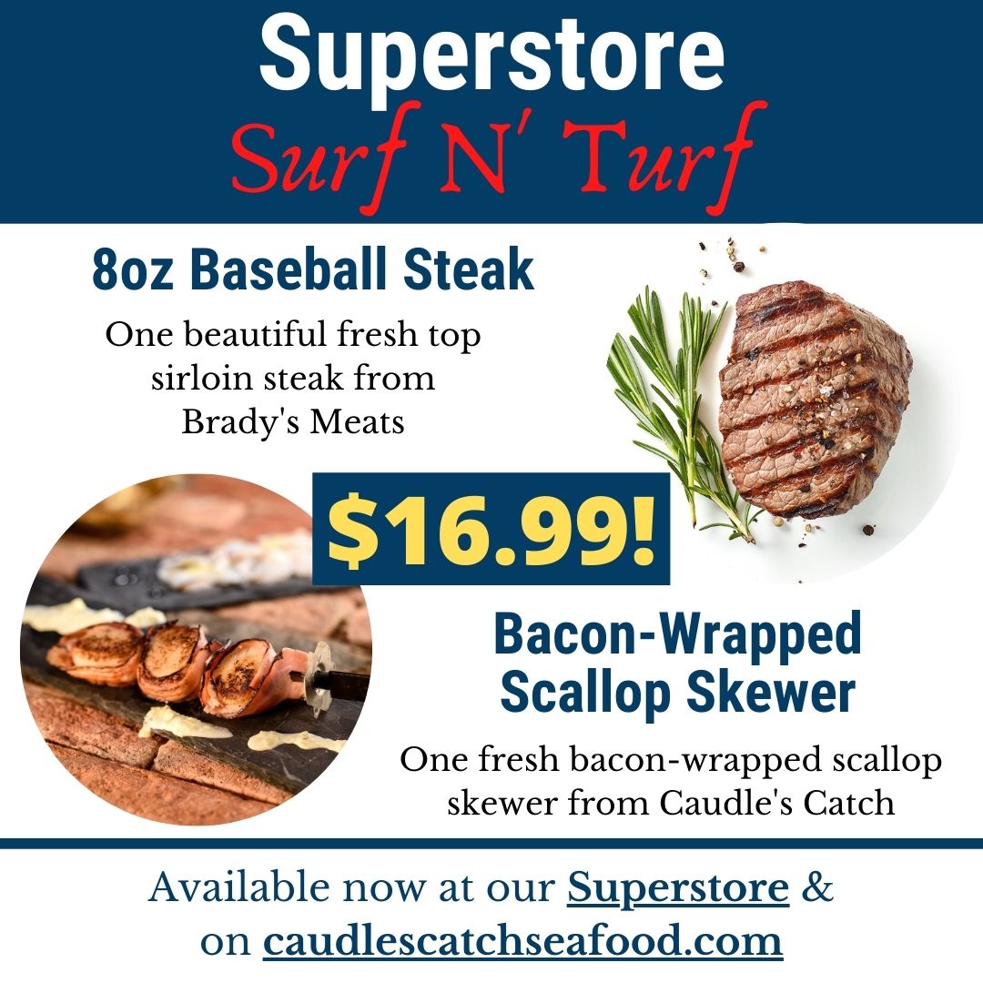The surf n' turf special is in! For the next week, treat yourself to a fresh steak and scallop combo for $16.99. This special is only available at our main location and on our website for pre-order. Shop safe and shop local!