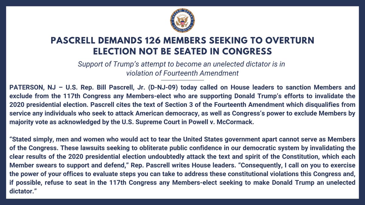 Today I’m calling on House leaders to refuse to seat any Members trying to overturn the election and make donald trump an unelected dictator.