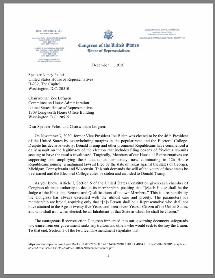 Section 3 of the 14th Amendment was written after the Civil War to bar from government any traitors who would seek to destroy the Union. My letter to House leadership today demands that 126 Republicans (and counting) are violating the Constitution.
