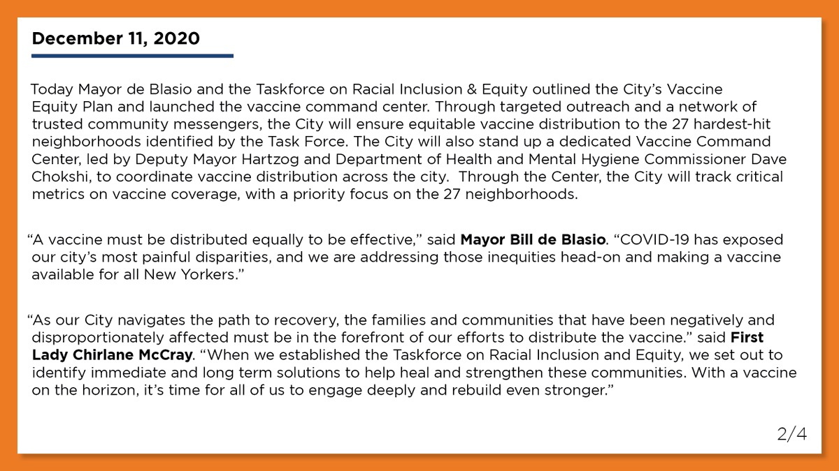 To make sure the COVID-19 vaccine gets to New Yorkers quickly, effectively and fairly, we’ll manage distribution through the Vaccine Command Center. Every agency, community group and neighborhood will work together to take on this mission. 