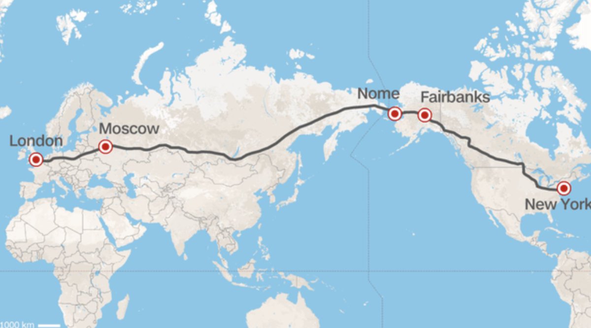 4/ A 2015 proposal from the head of Russia Railways for a superhighway from London to New York (dubbed the "Trans-Eurasian Belt Development"). Would have been ~12,000 miles.