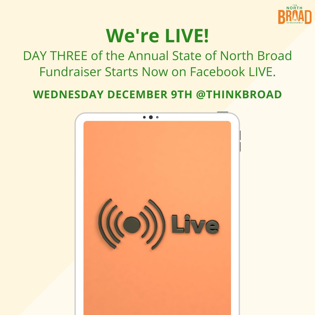 WE'RE LIVE! Join us for "Back to Norm is Not an Option," Day THREE of the Annual State of North Broad Fundraiser! Watch on Facebook ➡️ fb.watch/2h0HV-7Tnh/ #ThinkBroad #SupportSmallBusinesses