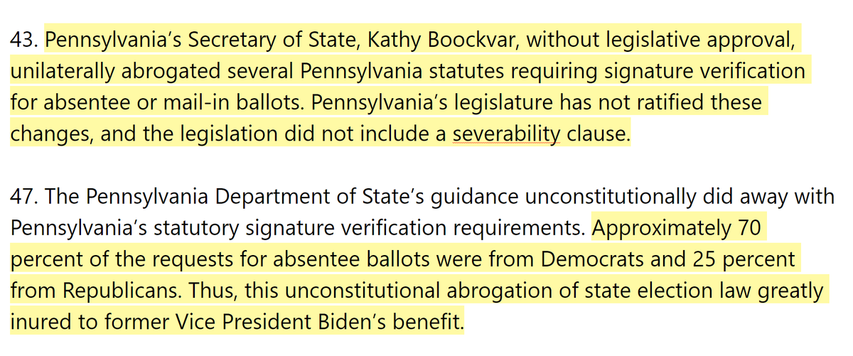 PENNSYLVANIASecretary of State, Kathy Boockvar, without legislative approval, unilaterally abrogated several Pennsylvania statutes requiring signature verification for mail-in ballots. This unconstitutional abrogation of state election law greatly inured to Biden’s benefit.
