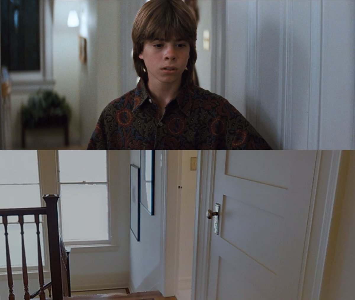 This vantage point lets us see it is in fact directly across from the stairs (the camera's pov on the bottom is against the blank wall)