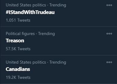 As predicted,  #IStandWithTrudeau is trending. The moment a bombshell drops, implicating our traitor of a PM, the bots come out to play.Speaking of traitor, it's interesting to see the adjacent trends...Tick Tock.