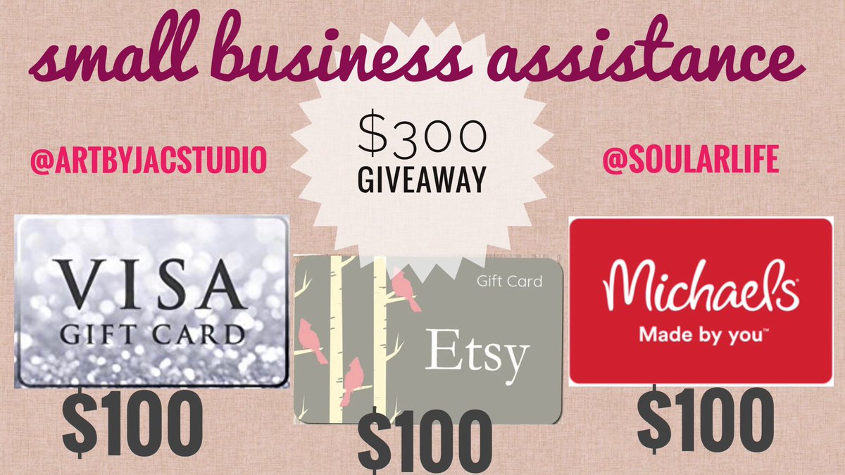 artbyjacstudio's tweet photo. Small Business Assistance Giveaway!

To enter:
•follow @artbyjacstudio 
•follow @Soularlife 
•RT this tweet
•tag a friend in the comments

Extra: each NEW comment with a NEW tag = another entry

Winner receives the pictured $$$ amounts to Visa, Etsy, and Michaels 

⬇️More⬇️ https://t.co/Jk6w9Qe262
