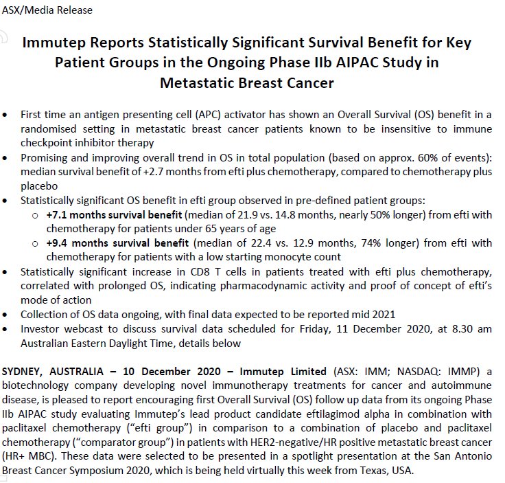 TradeHawk's tweet image. $IMMP Immutep reports statistically significant survival benefit for key patient groups in the ongoing Phase IIb AIPAC study in metastatic breast cancer.  Press release out in Australia, not on US wires yet.  docdro.id/cgRrujQ