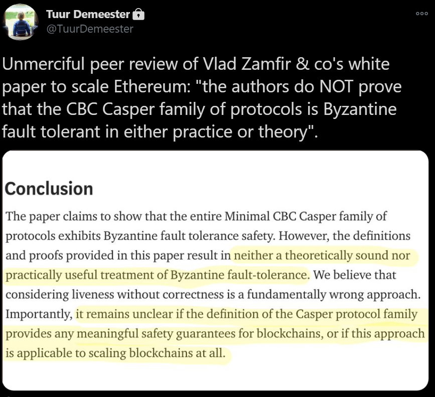 "7/ Recently, a team of reputable developers decided to peer review a widely anticipated Casper / sharding white paper, concluding that it does not live up to its own claims."