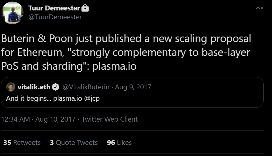 "11/ In 2017, more Ethereum scaling buzz was created, this time the panacea was “Plasma”."