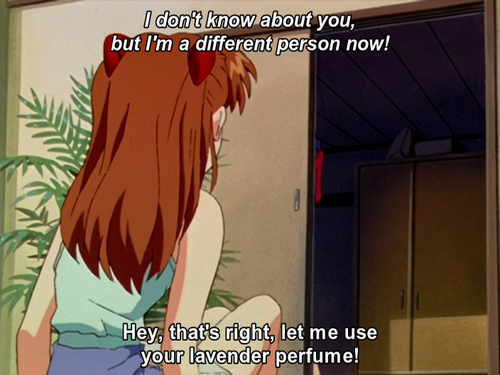 Cette scène choque d'ailleurs avec ce qu'elle disait autrefois à Asuka Quand Misato pouvait se permettre d'être une "enfant", Asuka et Shinji pouvaient le rester. Mais maintenant qu'elle doit se comporter en adulte, les enfants aussi, pour sauver l'humanité.