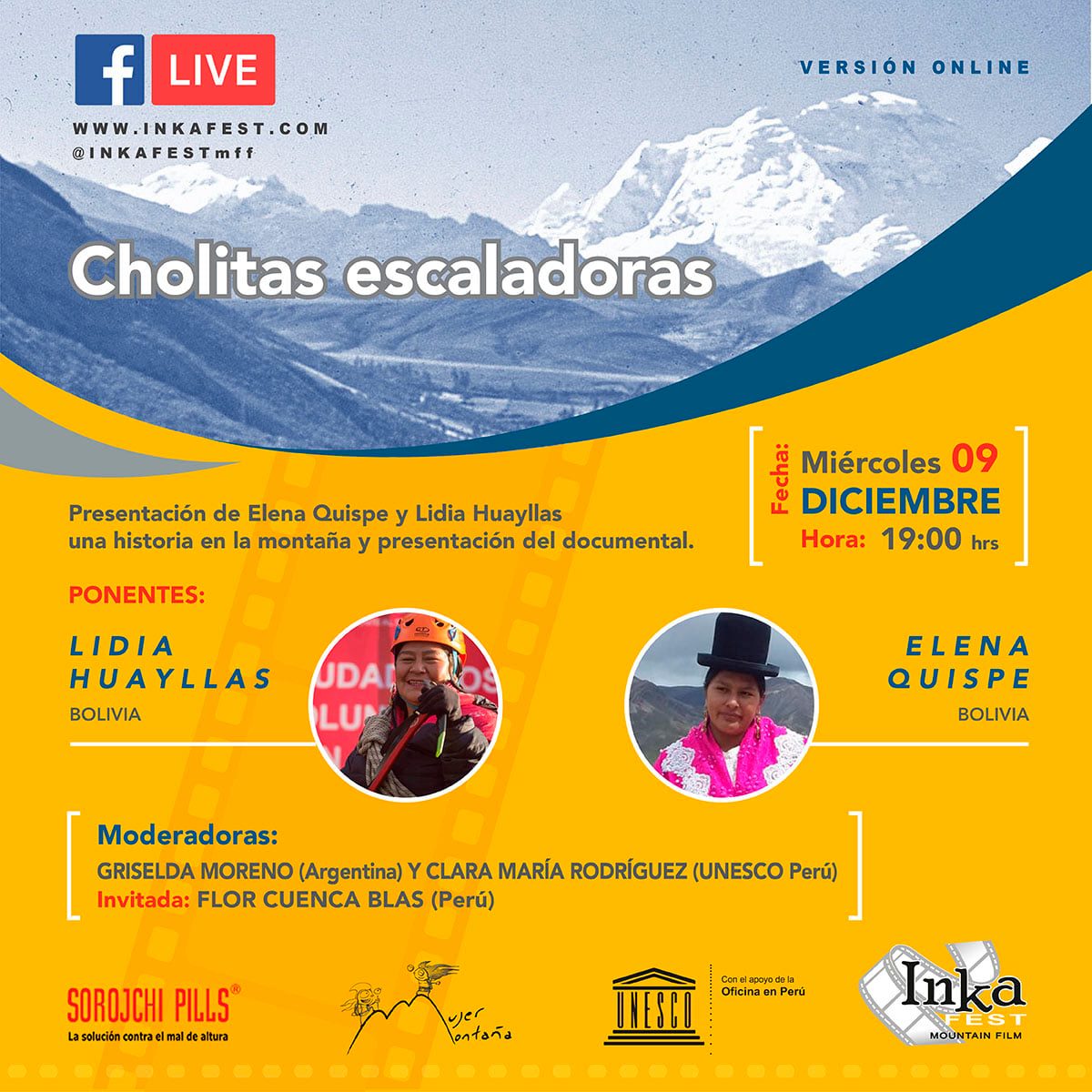 UNESCOperu's tweet photo. #HOY No te pierdas: "CHOLITAS ESCALADORAS" en el #INKAFEST
Presentación del documental y conversatorio con dos de sus integrantes. Con la participación de Clara María Rodríguez, Especialista en Patrimonio y Género de UNESCO Perú.
🕑Hora: 7:00 pm
📌FB Live: https://t.co/1r3Zn4Hmci https://t.co/1kz8VPobsw