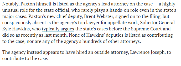 Texas media reported that Lawrence Joseph seems to have been hired in as an outside attorney for this, instead of Texas Solicitor General Kyle Hawkins  https://www.texastribune.org/2020/12/08/texas-ken-paxton-election-georgia/