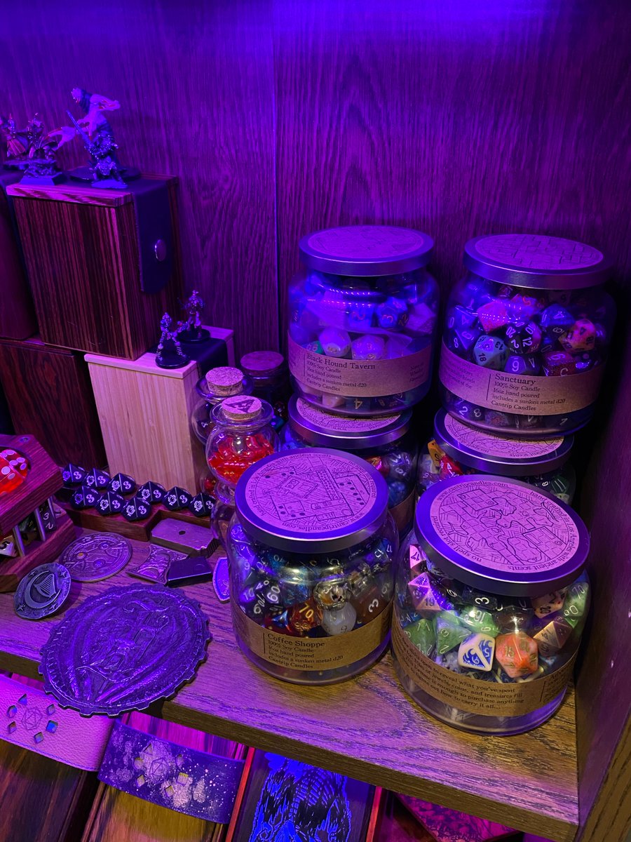 3330Y1's tweet photo. @CantripCandles makes some really nice dice storage jars. They smell good too.  I think you light them on fire first. https://t.co/9Zr6SSdt2n