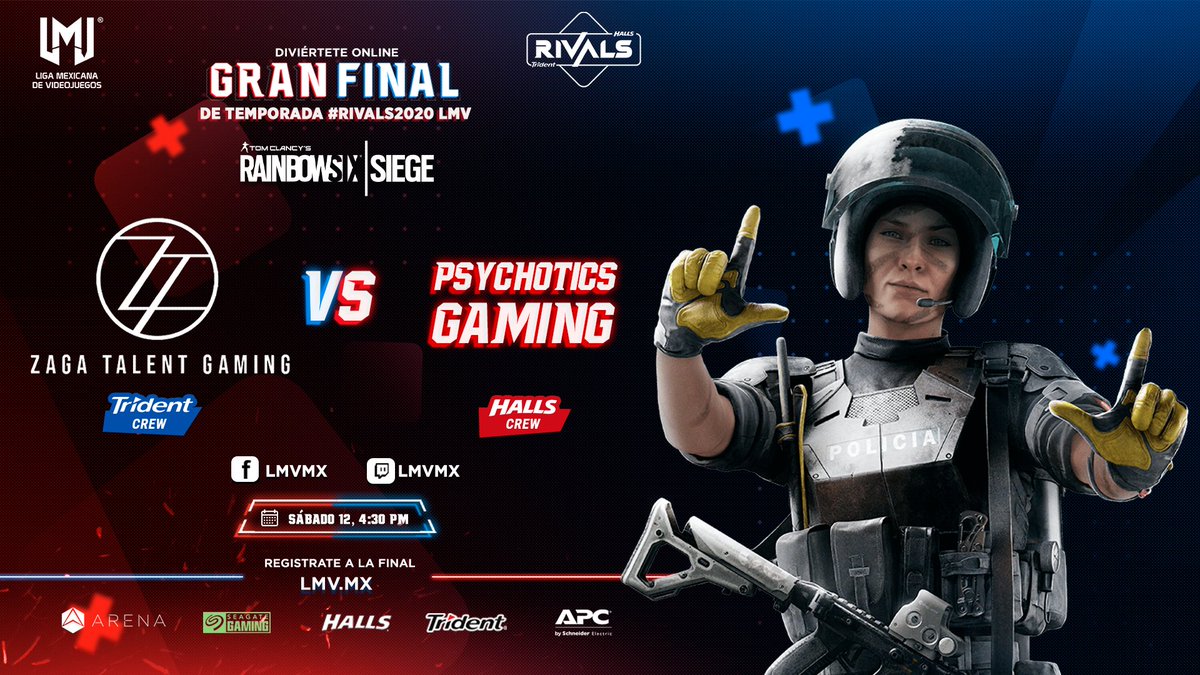 LMVmx's tweet photo. Al sábado a las 4:30 PM comienza la gran final de #RainbowSix entre @ZAGATALENT VS Psychotics Gaming. ¿Será @HallsMx o @Trident_mx quién se lleve la victoria? #Rivals2020 #RivalsMaster https://t.co/VRlYhzauyW