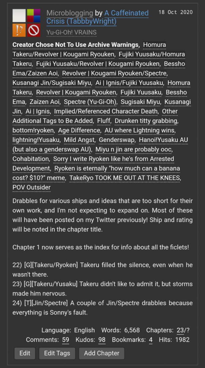 TakeYusas's tweet photo. Technically Microblogging has the most which feels a bit like cheating bc it has a zillion ships in it... So the next highest one IS one of my favorites and it's not really that far behind Microblogging! https://t.co/pGOs1846Qu