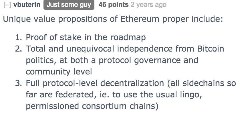 "21/ I was very serious about my criticism. In fact, each one of the three points addressed what Vitalik Buterin has described as “unique value propositions of Ethereum proper”."  https://www.reddit.com/r/ethereum/comments/5jk3he/how_to_prevent_the_cannibalism_of_ethereum_into/dbgujr8/