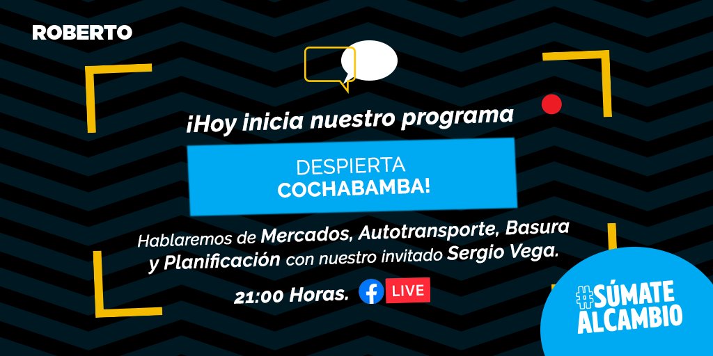 robertoperrogon's tweet photo. ¡Acompáñanos en nuestro primer programa!

Hoy 09 de diciembre inicia Despierta Cochabamba, un espacio en el que tocaremos diversos temas de interés regional.
 
Conéctate por Facebook Live a las 21:00 horas. ¡Te esperamos!

#Cochabamba #SúmateAlCambio https://t.co/VMiMQeVxf7