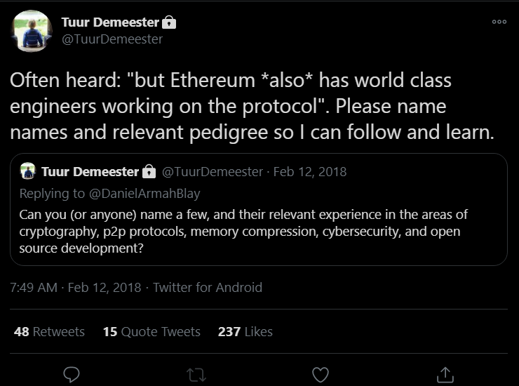 "40/ Another red flag to me is the apparent lack of relevant expertise in the ETH development community. (Check the responses…)"