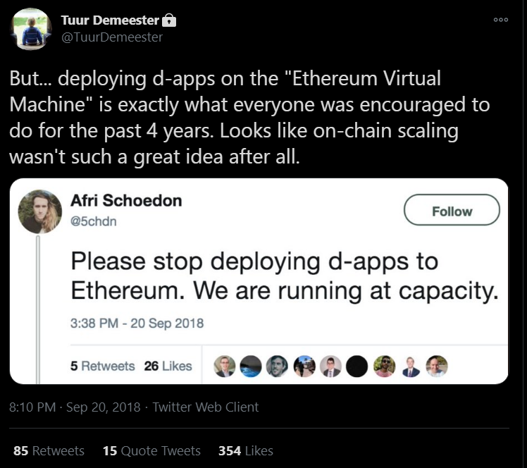 "35/ By now the Ethereum bloat is so bad that cheaply running an individual node is practically impossible for a lay person. ETH developers are also imploring people to not deploy more smart contract apps on its blockchain."