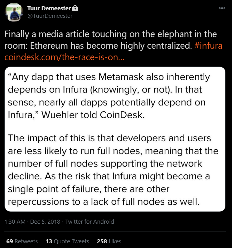 "36/ As a result, and despite the claims that running a node in “warp” mode is easy and as good as a full node, Ethereum is becoming increasingly centralized."