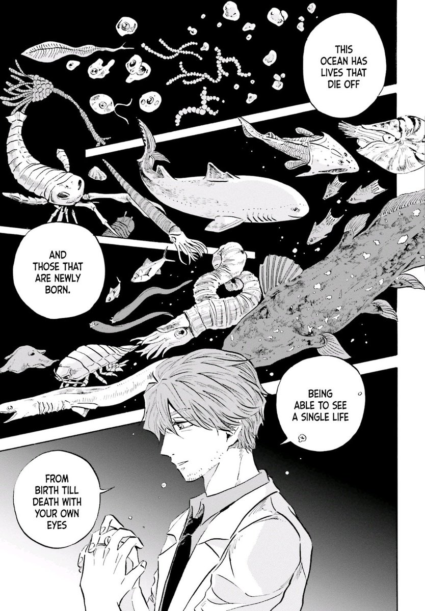 "Deep Sea Aquarium Magmell"
• follows the adventures of an employee at a deep-sea aquarium in Tokyo
• beautiful page spreads! the art of the deep-sea creatures is the highlight of the series
• not a ton of plot with only 9 chapters so far, but the art is definitely worth it!