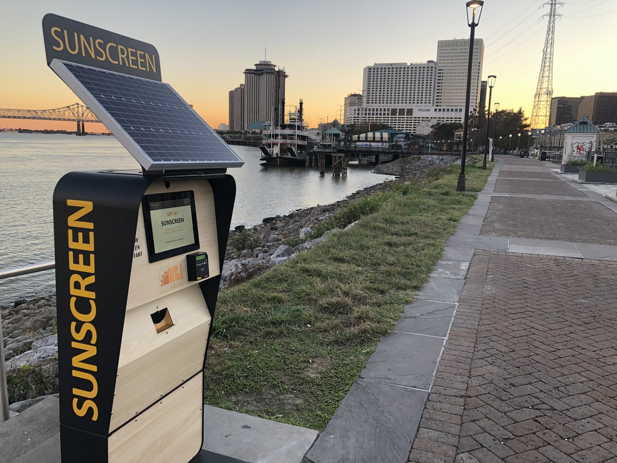 stopnblock's tweet photo. Excited to bring a new sunscreen dispenser to the riverfront at the Moonwalk in partnership with @Frenchmktnola! This is one of the busiest and highest need spots for sunscreen in the city.
#nolaliving #moonwalk #frenchmarket #nola #frenchquarter #sunscreen #spf #showmeyournola https://t.co/W6tfCsqIBL