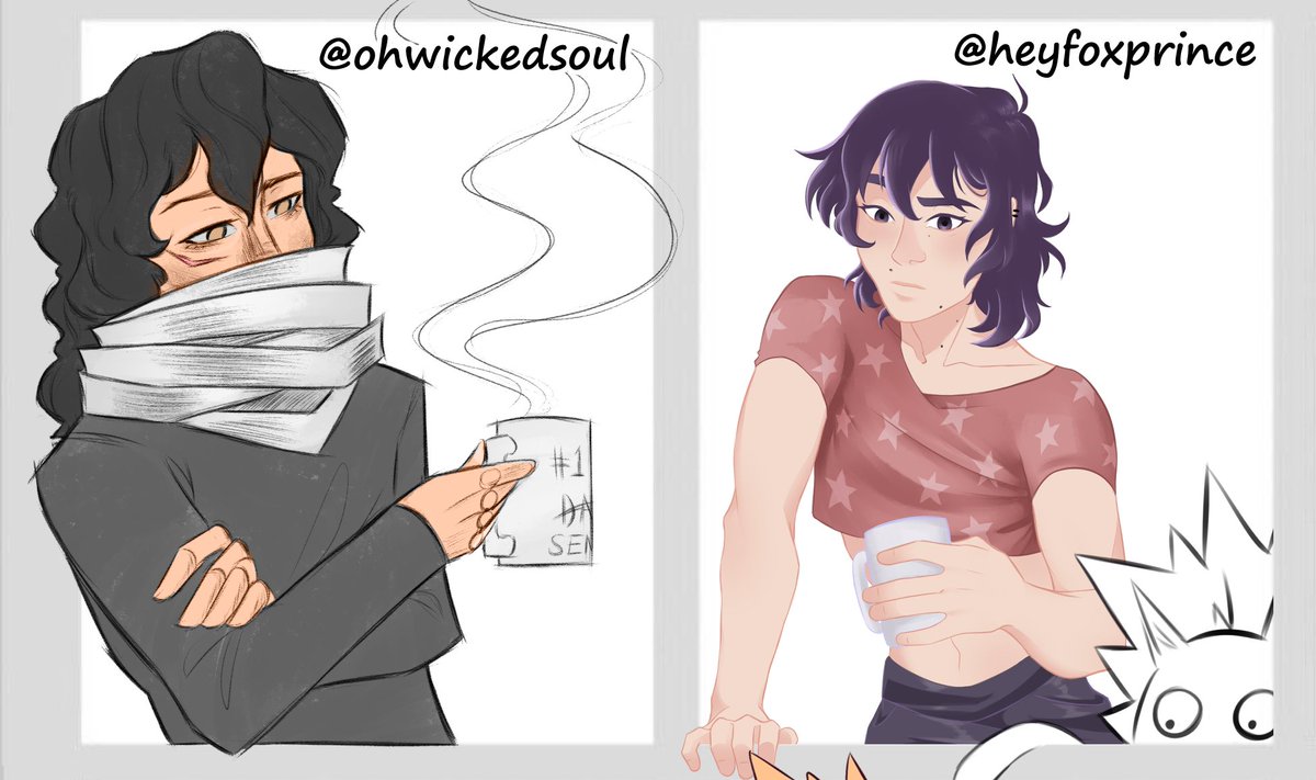 left: @ohwickedsoul your traditional work blows my mind, it's so cool!! i had a lot of fun doing the face and hair in your sketch style?

right: @heyfoxprince your keith is an eternal fave, and your one (1) tiny kiri still gives me so much joy? please accept my humble tributes 