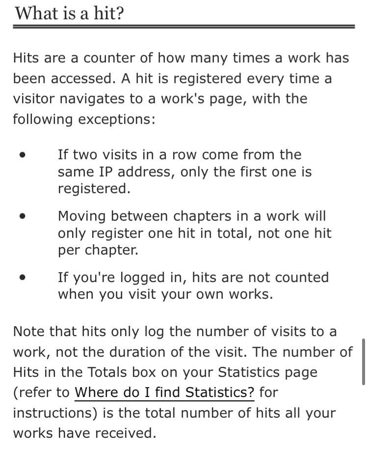 No offense to OP, but the K/H ratio tells you absolutely nothing. You can only kudos once, but you can leave multiple hits.opening a work to mark for later  hit. opening a work to reread it  hit When I open a work I wanna rec to check what I commented  hit. Etc.  https://twitter.com/et_ark/status/1336538716010147840