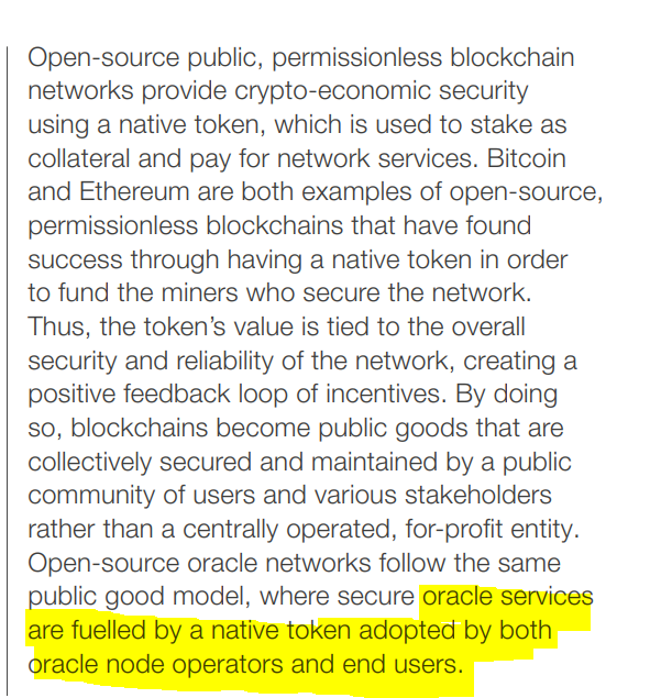 "The collateral staked by oracle nodes acts as a crypto‑economic guarantee of optimal performance as nodes have a direct financial stake in the correct functioning of their oracle services." @WEF is confirming oracles do in-fact need a native token for cryptoeconomic security