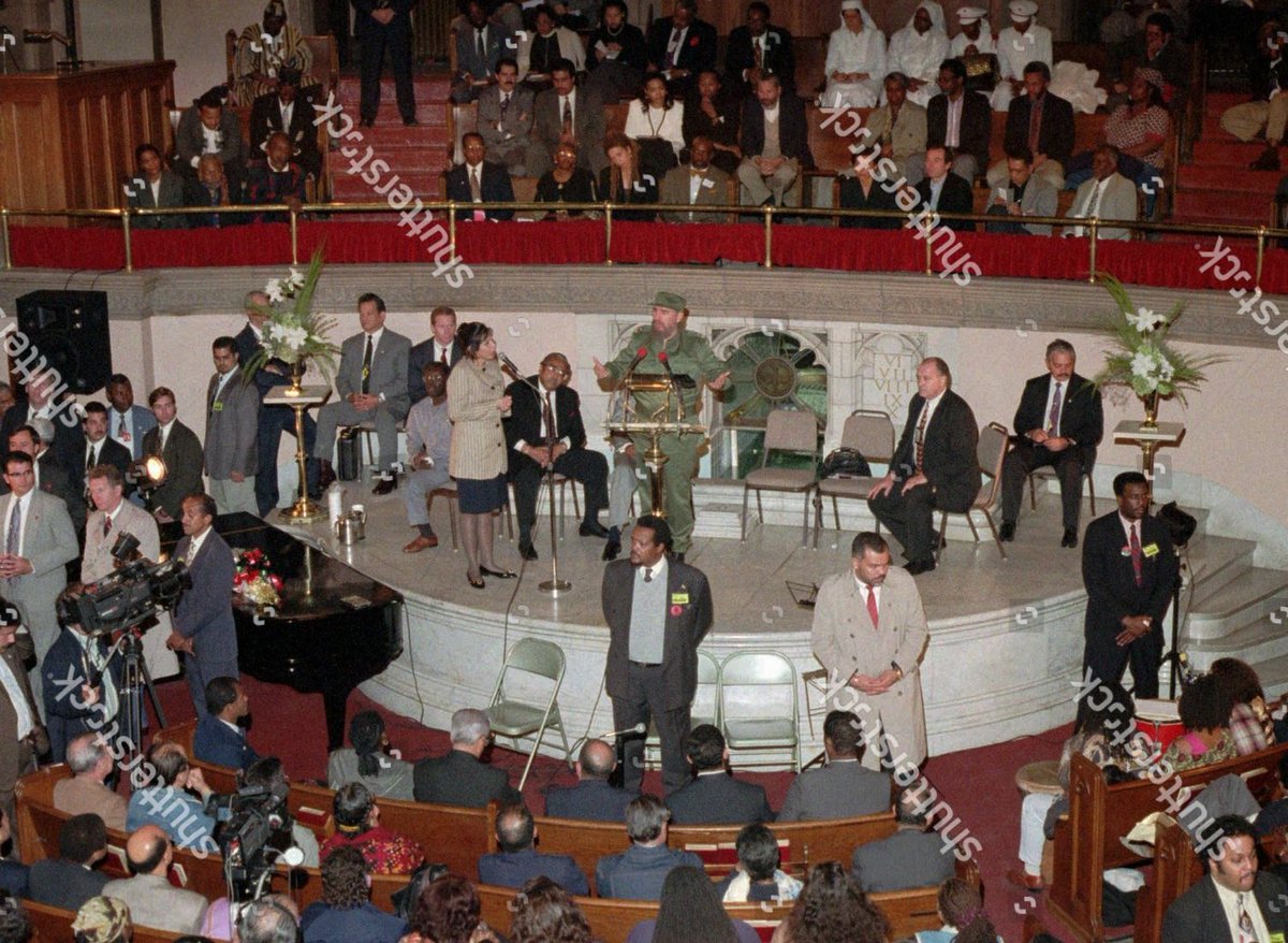 JackPosobiec's tweet image. Please do not spread this photo of Fidel Castro speaking at Raphael Warnock's church