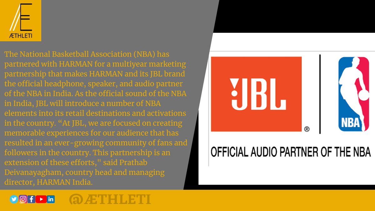 AethletiSports's tweet photo. NBA signs multi-year partnership deal with HARMAN in India.
#NBA #Multiyear #Partnership #HARMAN #JBL #India #AudioPartner #Marketing #Headphone #Speaker #Retail #Audience #Fans #Followers #Country #PrathabDeivanayagham #CountryHead #ManagingDirector #HARMANIndia https://t.co/jFsfnr76Ur