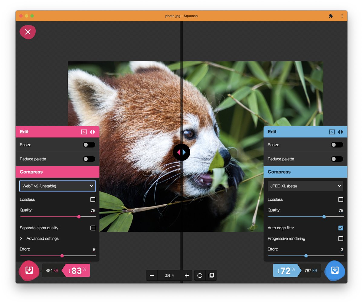 DasSurma's tweet photo. We gave Squoosh a major overhaul!

Proud to share ✨Squoosh v2✨
— built by @argyleink @_developit @jaffathecake and @RReverser. Super proud of the team.

➡️ Next-gen image codecs
➡️ Wasm threads &amp; SIMD
➡️ Design overhaul
➡️ A CLI for batch processing

https://t.co/wt1Uv9Ra4B https://t.co/uBrDc2bD6n