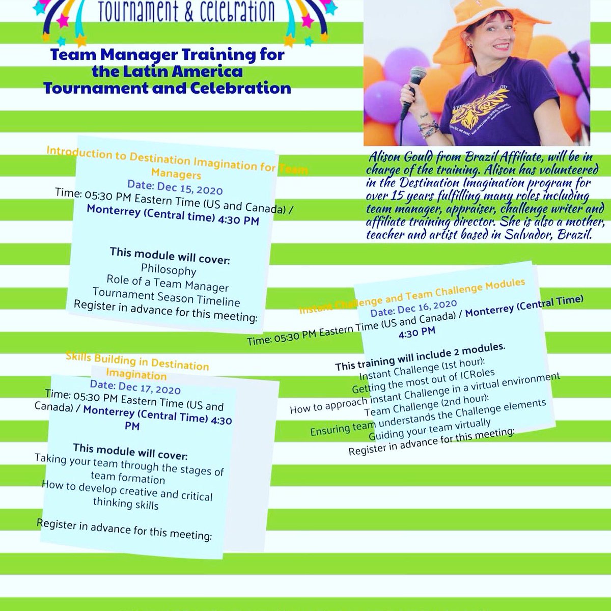 MexicoDI's tweet image. Links to register:
Introduction to Destination Imagination for Team Managers
Dec 15 zoom.us/meeting/regist… 
Instant Challenge and Team Challenge Modules
Dec 16: zoom.us/meeting/regist… 
Skills Building in Destination Imagination
Dec 17 : zoom.us/meeting/regist…