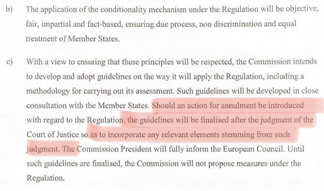 The draft  #EUCO Conclusions, a non-legally binding political declaration, de facto suspend application of  #RuleOfLaw mechanism.As such, notably point 2 c), could be challenged by an EU institution, such as the European Parliament, before  @EUCourtPress as ULTRA VIRES   2/