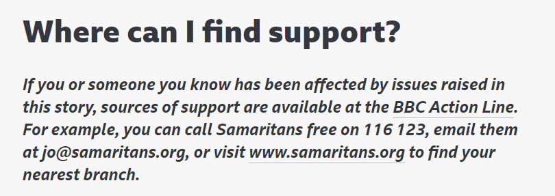 Warning: discusses mental health, suicides and grief.If you've been affected by any of the issues raised, help is available  https://www.bbc.co.uk/programmes/articles/4WLs5NlwrySXJR2n8Snszdg/emotional-distress-information-and-support