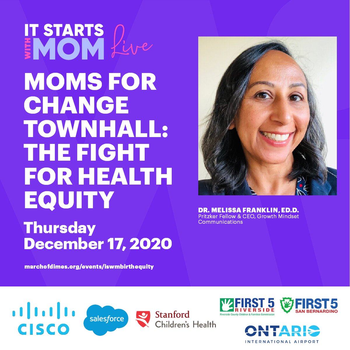 MODCAL's tweet image. Dr. Melissa Franklin Ed.D., CEO of Growth Mindset Communications, has spent her 25-year career focusing on birth disparities, including focusing on Black infant health &amp;amp; maternal mortality rates. Hear from Dr. Franklin &amp;amp; our other panelists on 12/17 at 12pm PT on Facebook.