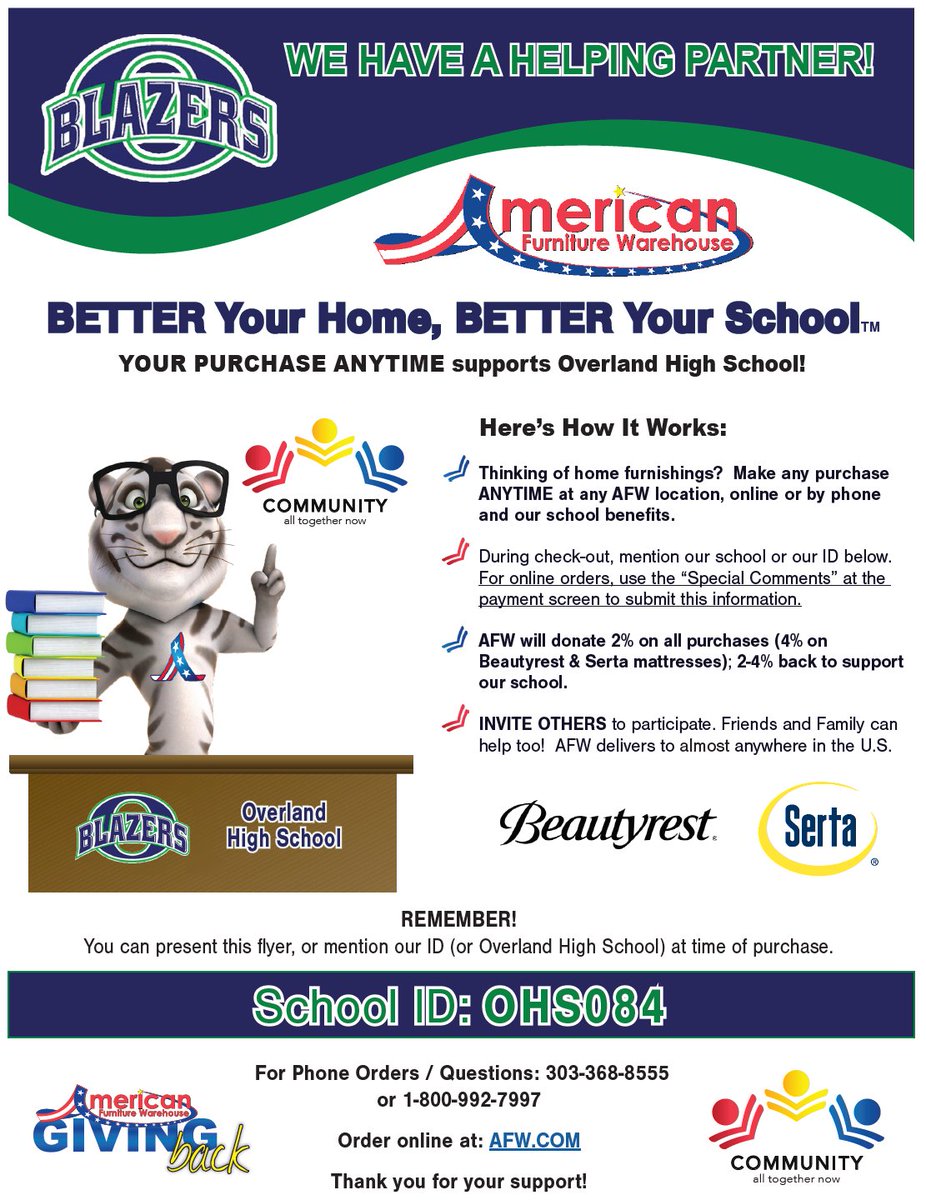 If you are doing any shopping for home furnishings this Holiday season, please consider shopping at American Furniture Warehouse. When checking out, make sure you mention “Overland High School”, as proceeds from your purchase will go towards our Athletic program. Thank you!