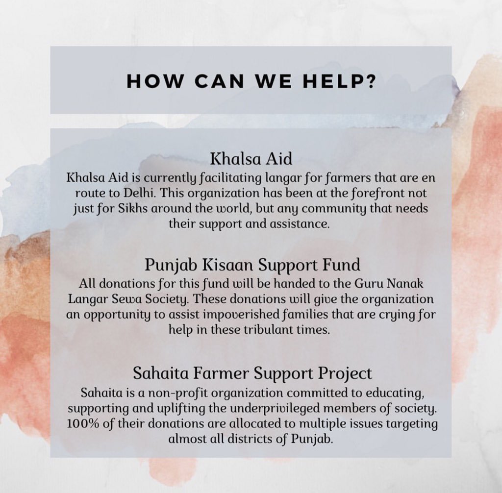 That is a great question, thank you for asking! Here are 3 major ways you can help; 1) donate, 2) get educated, and 3) raise awareness. There are many orgs you can donate to which are directly supplying aid to the protestors right now as well as helping w farmer debt in India.  https://twitter.com/ronniesgyal/status/1336657850718969860