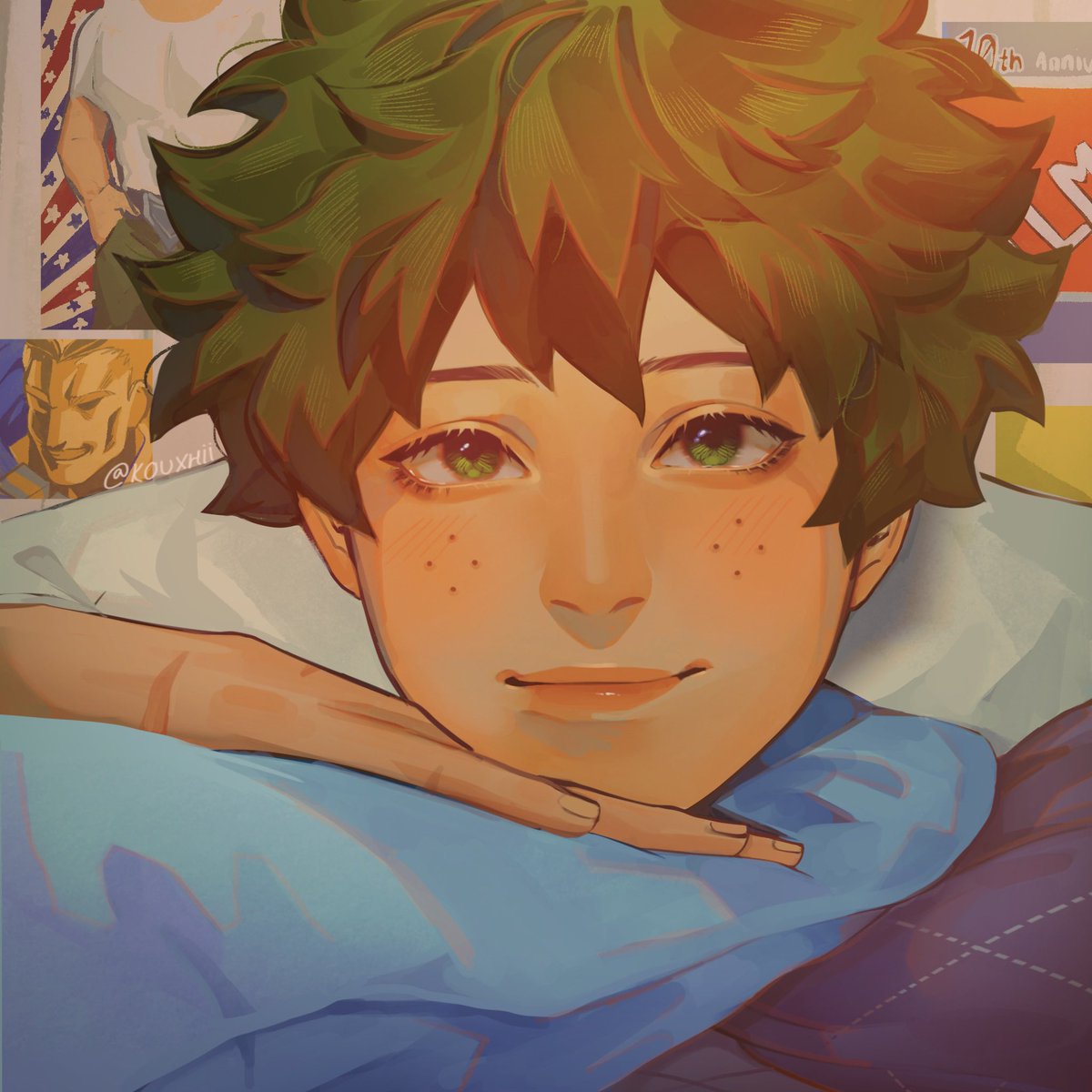 midoriya izuku male focus green eyes freckles 1boy solo green hair looking at viewer  illustration images