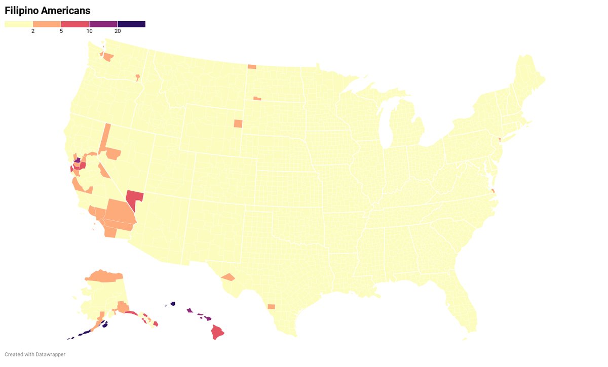 Filipino Americans make up 0.9% of the population, and are prevalent in Alaska, California, and Hawaii. Aleutians West (34.9%) has the highest proportion of Filipino Americans in the country.