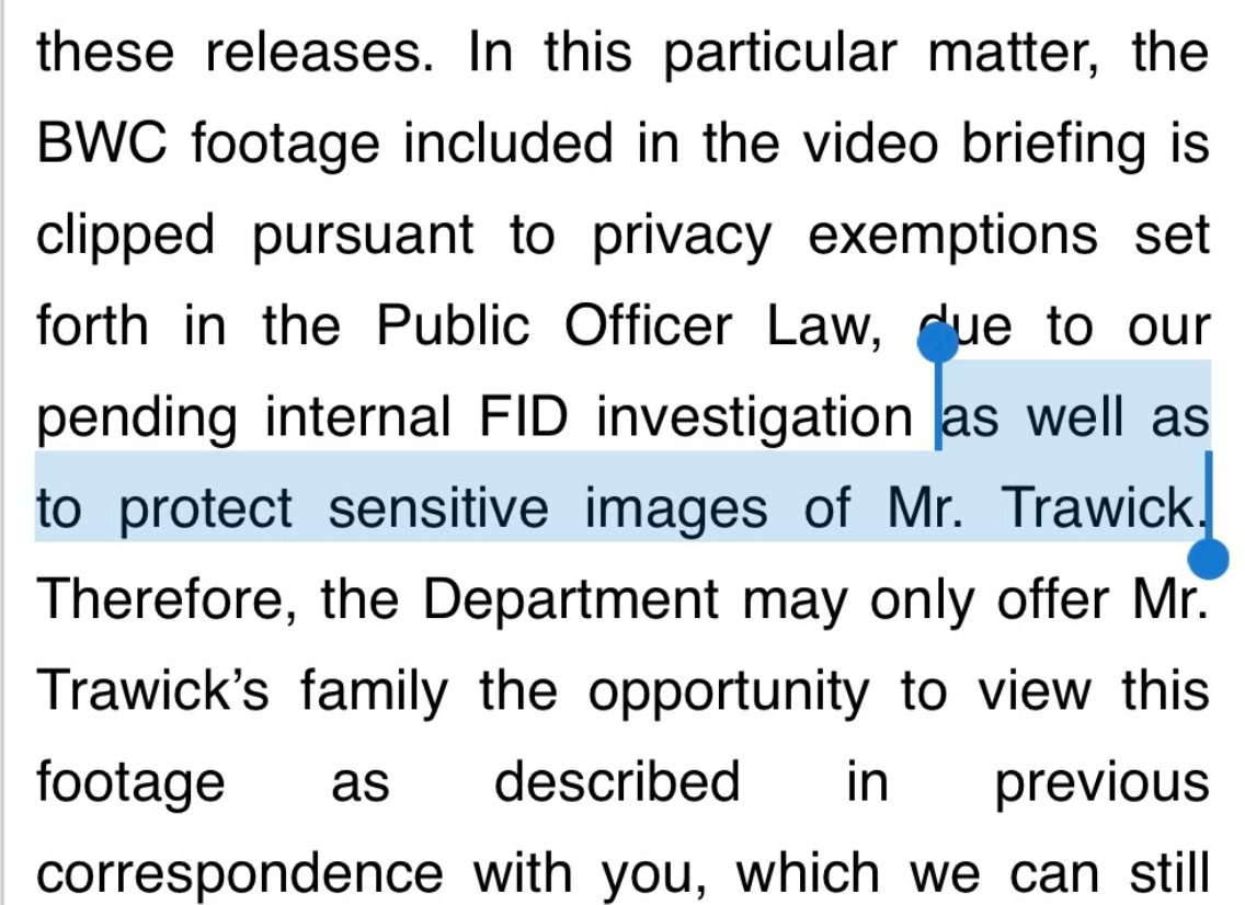 NYPD killed Kawaski Trawick 19 months ago. It's a case I've been reporting on.NYPD finally released video TuesBut it won’t release it all. It won’t even let *Trawick’s family* see itNYPD told fam’s lawyer  @Rsquareesq it needs “to protect sensitive images of Mr. Trawick.”
