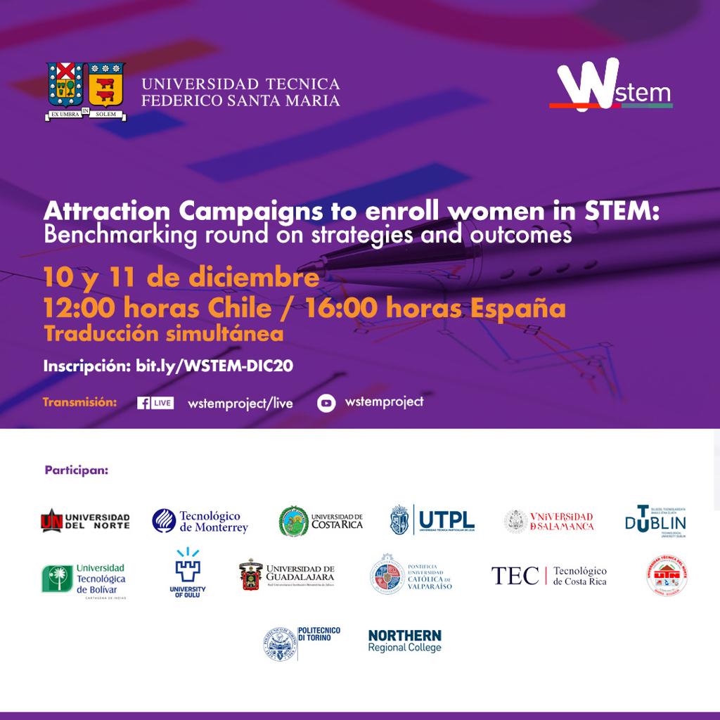 🍀Te invitamos a participar en el Congreso internacional de Mujeres en la Ingeniería: "Attraction Campaigns to enroll women in STEM".
🗓️miércoles 10 y 11 de diciembre.
⏰ 12:00 a 14 horas.
Inscripción: bit.ly/WSTEM-DIC20
<a href="/WSTEMproject/">W-STEM project</a> <a href="/usantamaria/">USM</a>