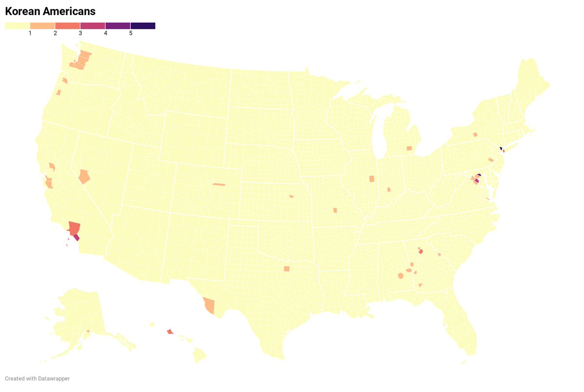 Korean Americans make up 0.5% of the population, and are prevalent in California, the DC area, and Jersey. Bergen County (6.2%) has the highest proportion of Korean Americans in the country.